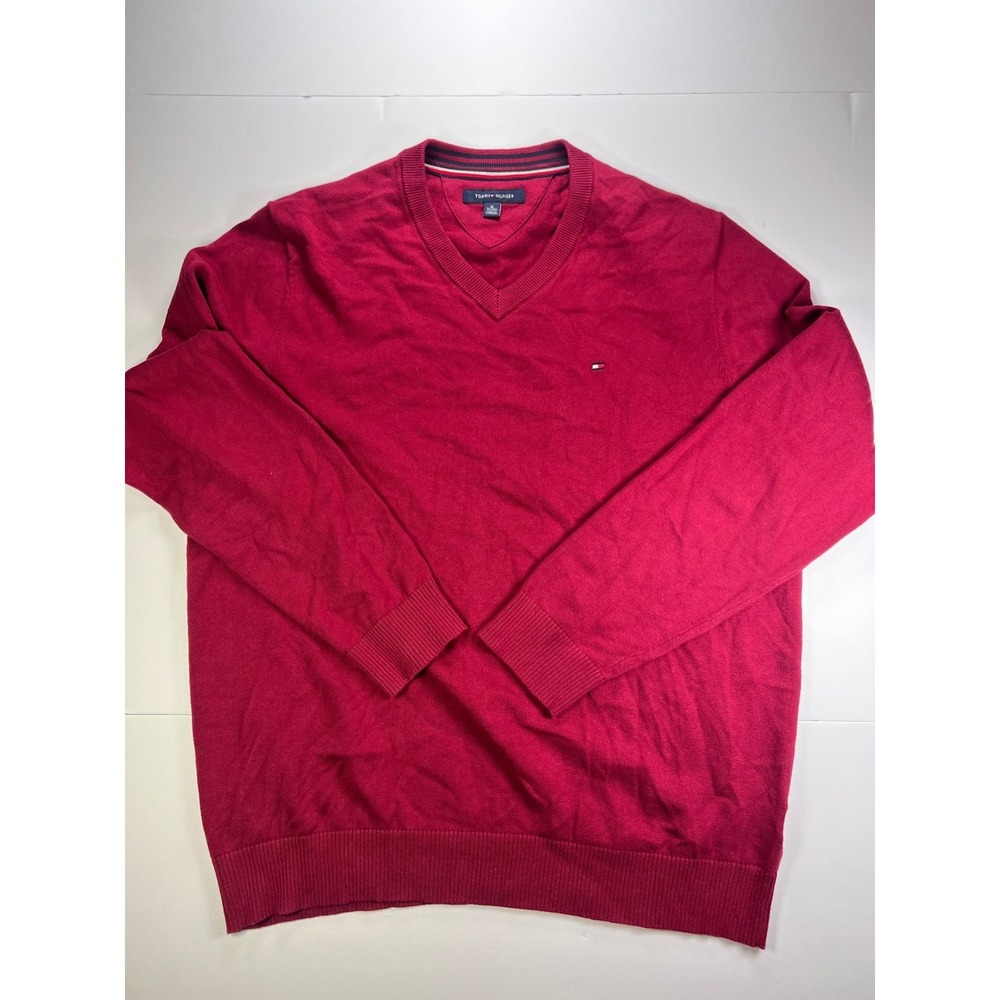 Tommy Hilfiger Mens XL Red V-Neck Pullover Sweater Embroidered Logo Classic